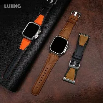 LUJING Band для Apple Watch Ultra 2 1 Series 9 8 7 6 SE 54 Кожаный ремешок для iWatch прочный браслет модный стильный дизайн 42mm 44mm 45mm коричневый