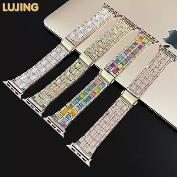 LUJING Роскошный ремешок из бриллиантовой смолы для Apple Watch Series 7 6 SE 5 8, стальной металлический женский женский браслет для Iwatch 41 мм, 49 мм, 45 мм, 40 мм, 44 мм, 42 мм, 38 мм
