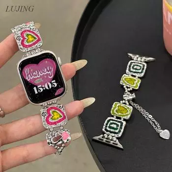 LUJING Sweet Love Heart Jewelry bling Band для ремешка Apple Watch 9 49 мм 8 7 SE 6 Ultra 2 для iWatch 45 мм 42 мм 44 мм 40 мм 38 мм женский браслет на запястье For 38MM 40MM 41MM розовый