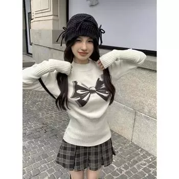 Лук тонкий вязаный свитер мультяшный графический милый пуловер белый свитер топ женский 2024 y2k одежда fairycore 00s kawaii гранж корейский S белый