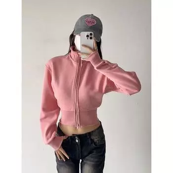 Lulu Съемный бархатный худи с капюшоном и подкладкой, короткий кардиган на двусторонней молнии, приталенный, в стиле ретро, с длинными рукавами, женская верхняя одежда Pink regular L