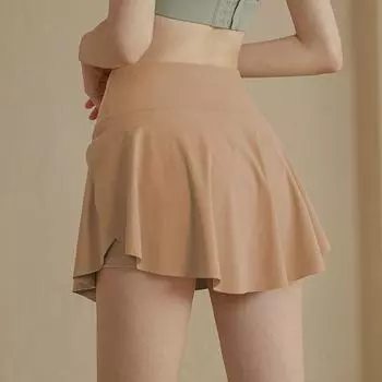 Lulu Same Fake Two-Piece Sports Short dress Women Summer Breathable Hip Covering Anti-exposure Badminton Tennis Yoga Culottes Curry color XL