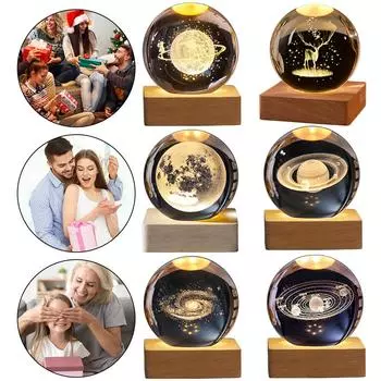 Luminous Crystal Ball LED Night Light Saturn Solar System 3D Moon Table Lamp USB Bedroom Night Lamp Decor for Birthday Kid Gift Milky way