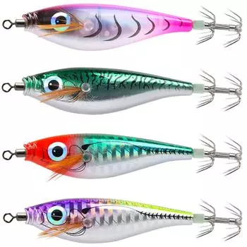 Luminous Squid Hooks Floating Fishing Lures Egging Horizontal Wood Shrimp 85mm with Double-Layered Hooks Squid Jig Baits C