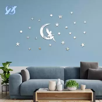 Луна, девушка, звезда, зеркало, акриловая самоклеящаяся трехмерная наклейка на стену, декоративная наклейка для комнаты для девочек, макет