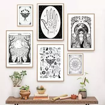 Луна карты Таро зодиакальная диаграмма настенная художественная роспись Ретро оккультная татуировка флэш-лист холст картина ведьма хиромантия плакаты Настенный декор 21x30cm No Framed