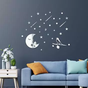 Луна, птица, звезда, зеркало, трехмерная акриловая самоклеящаяся наклейка на стену, креативная теплая наклейка для украшения комнаты