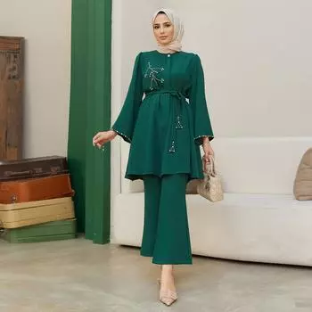 Luna Stone Вышитые Женщины Туника Брюки Костюм Поясом Испанская Нога Шикарный Элегантный Сочетание