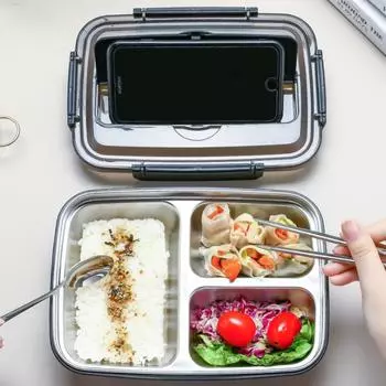 Ланч-бокс с 3 отделениями из нержавеющей стали 304, пластиковая ложка и палочки для еды, переносные контейнеры для обеда для офиса