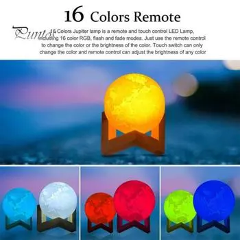 Лунная лампа с деревянной основой, 16 цветов RGB, сенсорный датчик, перезаряжаемый 3D лунный ночник, декор для спальни 15cm Moon