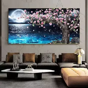 Лунная ночь, холст, картина, пейзаж, постер и принты, морской пейзаж, настенные художественные картины для гостиной, украшение для дома, Cuadros, безрамное 20x40cm