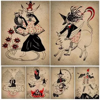 Лунная ведьма и демоническая ведьма, винтажное настенное искусство, печать на холсте, чернила, сказочные сказки, волшебная темная готическая коза, девушка 21cm30cm NoFrame