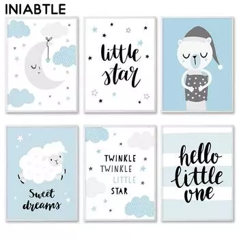 Лунные облака Медведь мультфильм холст плакат детская настенная живопись синий живопись скандинавские детские украшения картина декор для детской спальни 21cm30cm NoFrame