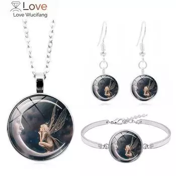 Лунный эльф, ангел, фея, кабошон, стеклянный кулон, ожерелье, браслет, серьги, комплект ювелирных изделий, всего 4 шт., для женщин, модные ювелирные изделия