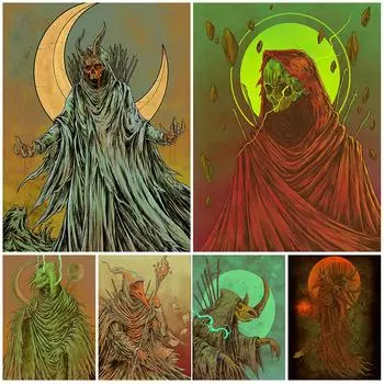 Лунный демон и мастер ужасов, винтажная настенная живопись на холсте, Скелет Дьявол, готический темный художественный постер и принт, Декор (с рамкой) 15*20cm(with frame)