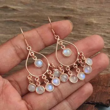 Лунный камень 100% стерлингового серебра 925 пробы с покрытием из розового золота Ювелирные изделия для женщин мотаться серьги розового золота