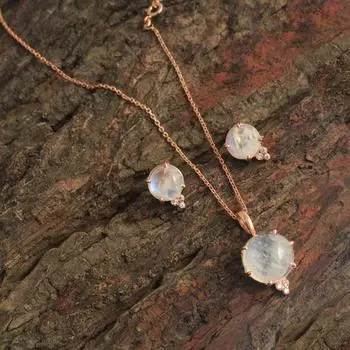 Лунный камень циркон покрытие из розового золота 100% стерлингового серебра 925 пробы кулон серьги ожерелье комплект женские свадебные украшения розового золота