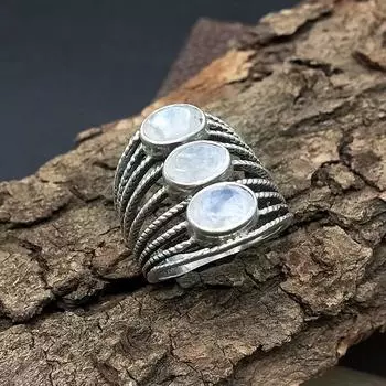 Лунный камень Драгоценный камень Цельное серебро 925 пробы Заявление Помолвочный подарок Женский Большой Огромный Кольцо Ювелирные изделия 6