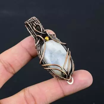 Лунный камень Драгоценный камень Чистая медная проволока Обернутая ювелирная подвеска ручной работы 2.76 Inches белый