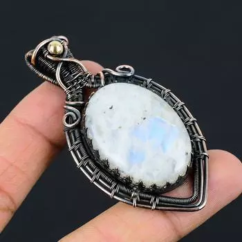 Лунный камень Драгоценный камень Чистая медная проволока Обернутая красивая подвеска ручной работы Ювелирные изделия 2.76 Inches белый