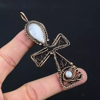 Лунный камень, драгоценный камень, чистая медная проволока, обернутая вручную подвеска Анк, ювелирные изделия