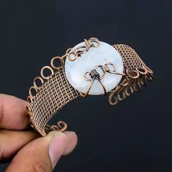 Лунный камень, драгоценный камень, чистая медная проволока, завернутая в манжеты/браслет ручной работы, ювелирные изделия для рождественского подарка Adjustable белый