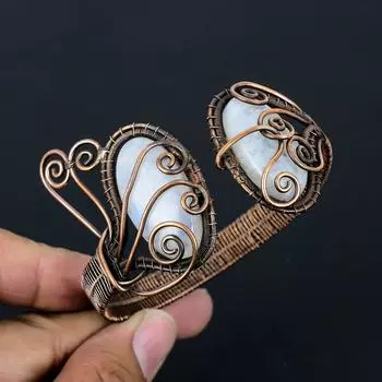 Лунный камень, драгоценный камень, чистая медная проволока, завернутая в манжеты/браслет ручной работы, ювелирные изделия для подарка Adjustable белый