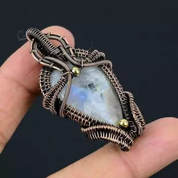 Лунный камень драгоценный камень медная проволока ручной работы кулон ювелирный подарок для женщины 2.40 Inches белый