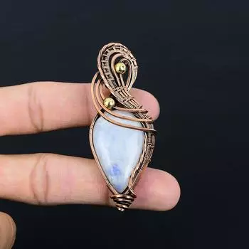 Лунный камень, драгоценный камень ручной работы из чистой медной проволоки, завернутый в замечательную ювелирную подвеску 2.76 Inches белый