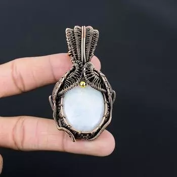 Лунный камень, драгоценный камень ручной работы из чистой медной проволоки, завернутый в замечательную ювелирную подвеску 2.83 Inches белый
