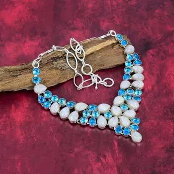 Лунный камень, голубой топаз, ожерелье из чистого серебра 925 пробы, ювелирные изделия из драгоценных камней, подарки для жены, совершенно новое ожерелье Adjustable With 18 Inches белый