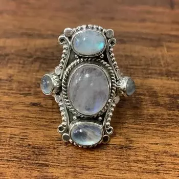 Лунный камень Кольцо с драгоценными камнями Стерлингового серебра 925 пробы Твердые белые 5 каменных массивных обручальных колец для женщин Идея подарка Ювелирные изделия с драгоценными камнями 7,5 Гм Прибл. 5