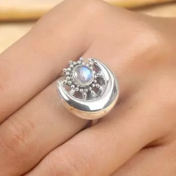 Лунный камень, круглый драгоценный камень, полумесяц, дизайнерское кольцо ручной работы, эффектное кольцо, серебряные очаровательные украшения, кольца для нее, серебро 925 пробы 6