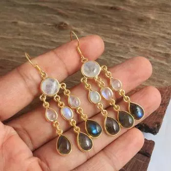 Лунный камень, лабрадор, желтое золото, серьги-подвески, стерлинговое серебро 925 пробы, изысканные женские украшения золотой/жёлтый