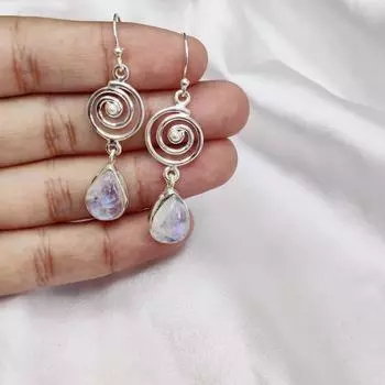 Лунный камень натуральный драгоценный камень дизайнерские висячие серьги из стерлингового серебра 925 пробы