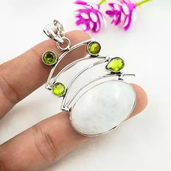 Лунный камень, подвеска с драгоценным камнем перидот, кулон из цельного серебра 925 пробы, ювелирное изделие ручной работы, подвеска с камнем по дате рождения, подарок для него 2.48 Inches зелёный