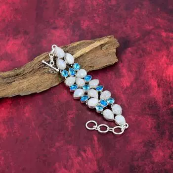 Лунный камень, ювелирные изделия с голубым топазом, браслет из чистого серебра 925 пробы с драгоценными камнями, ювелирные изделия ручной работы, на День памяти Adjustable With 8 Inches белый