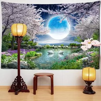 Лунный свет, ночной вид, цветок и птица, картина, гобелен, настенный богемный персиковый цвет, эстетика, домашний декор для комнаты 95x70cm