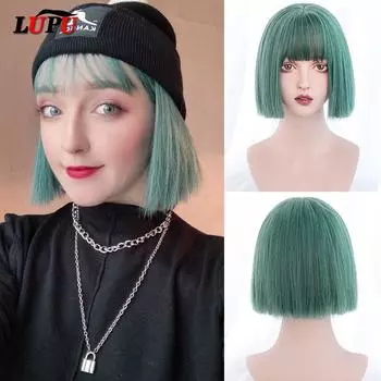 LUPU Лолита, черные, розовые парики, синтетические волосы, короткие прямые парики боб с челкой, женские зеленые парики для косплея для чернокожих женщин 35CM
