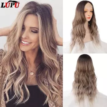 LUPU синтетический парик спереди, вьющиеся волнистые волосы, парики для женщин, косплей, естественная линия волос, высокая температура, Ombre Blonde, искусственные волосы