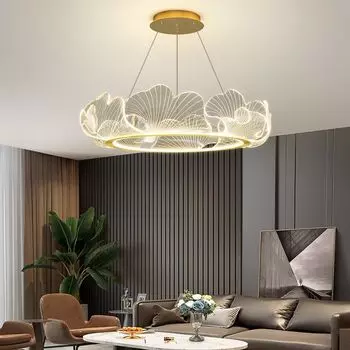 Люстра для гостиной, современный акриловый подвесной светильник с гинкго, светодиодная люстра для светильника для столовой Diameter 60cm золотой