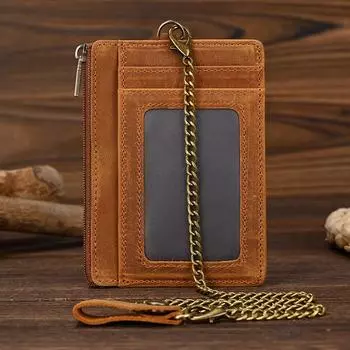 Luufan кожаный мужской женский кошелек на молнии для монет Crazy Horse кожаный держатель для карт короткий кошелек с железной цепочкой кошелек для денег клатч коричневый