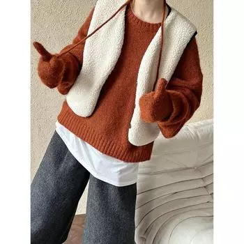 Luxi 2024 Женский свитер с круглым вырезом и перчатками – Осенне-зимний универсальный вязаный топ SS632 One Size тыква