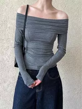 Luxi Pure Desire Hot Girl Off-Shoulder Slim-Fit Long-Sleeved T-Shirt Medium