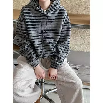 Luxi Women s Winter 2024 Striped Hooded Sweatshirt - Plus Velvet, Thickened Casual Top Medium