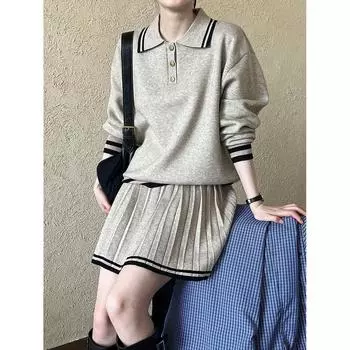 Luxi Женская зимняя толстовка-поло в студенческом стиле 2024 года и плиссированная юбка с высокой талией (СС631) One Size