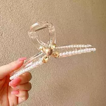 Luxurious Extra Sparkling Flower Crystal Rhinestone Hair Clip, Suitable for Thick Hair, Shark Clip, Pearl Hair Clip