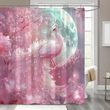 Luxurious Pink Peacock Digital Printed Shower Curtain with Hooks - Machine Washable, Elegant Moonlit Night Design, Polyester Wov 90x180cm