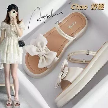 Luxury 2024 New Women s High Quality Soft Sole Casual Sandals Summer Bow Korean Edition Trendy Versatile Comfortable Sandals 35 бежевый