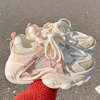 Роскошные новинки 2024 года, модные и универсальные повседневные туфли для женщин, весенние и осенние сетчатые дышащие легкие кроссовки для бега и спорта 35 бежевый
